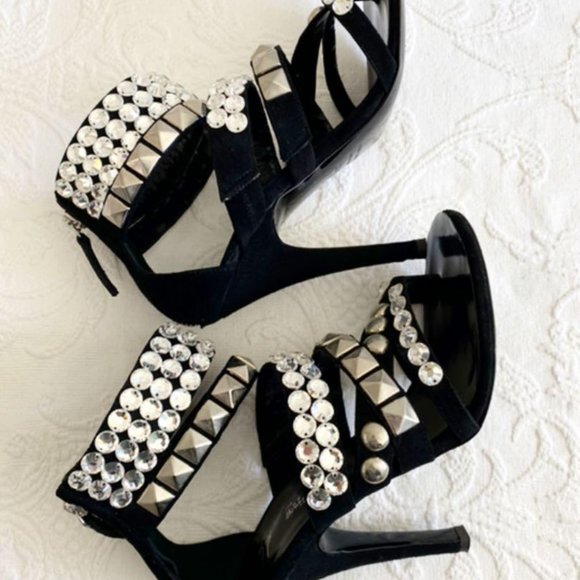 Giuseppe Zanotti x Balmain Black Suede Rhinestone Evening Sandals Heels - Picture 5 of 10